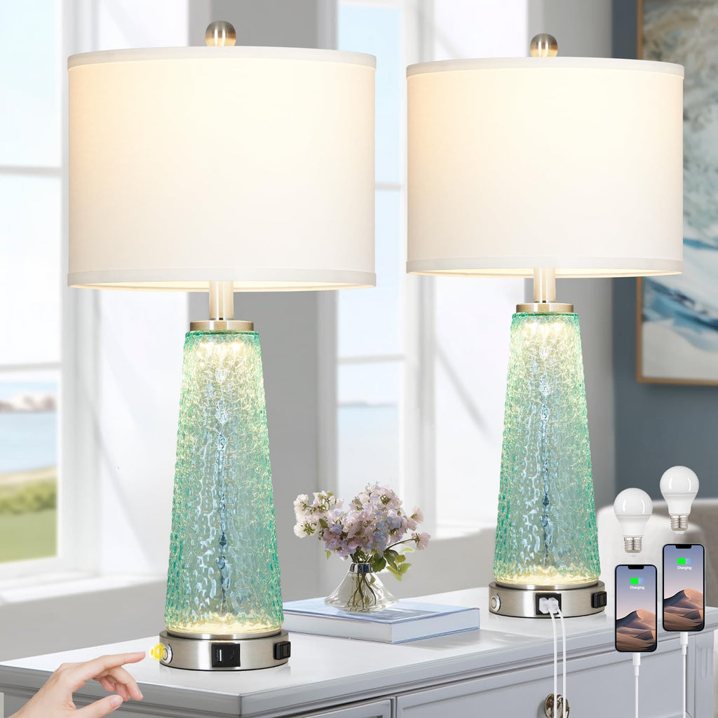 26" Glass Table Lamps with USB A+C Ports & Outlet R361
