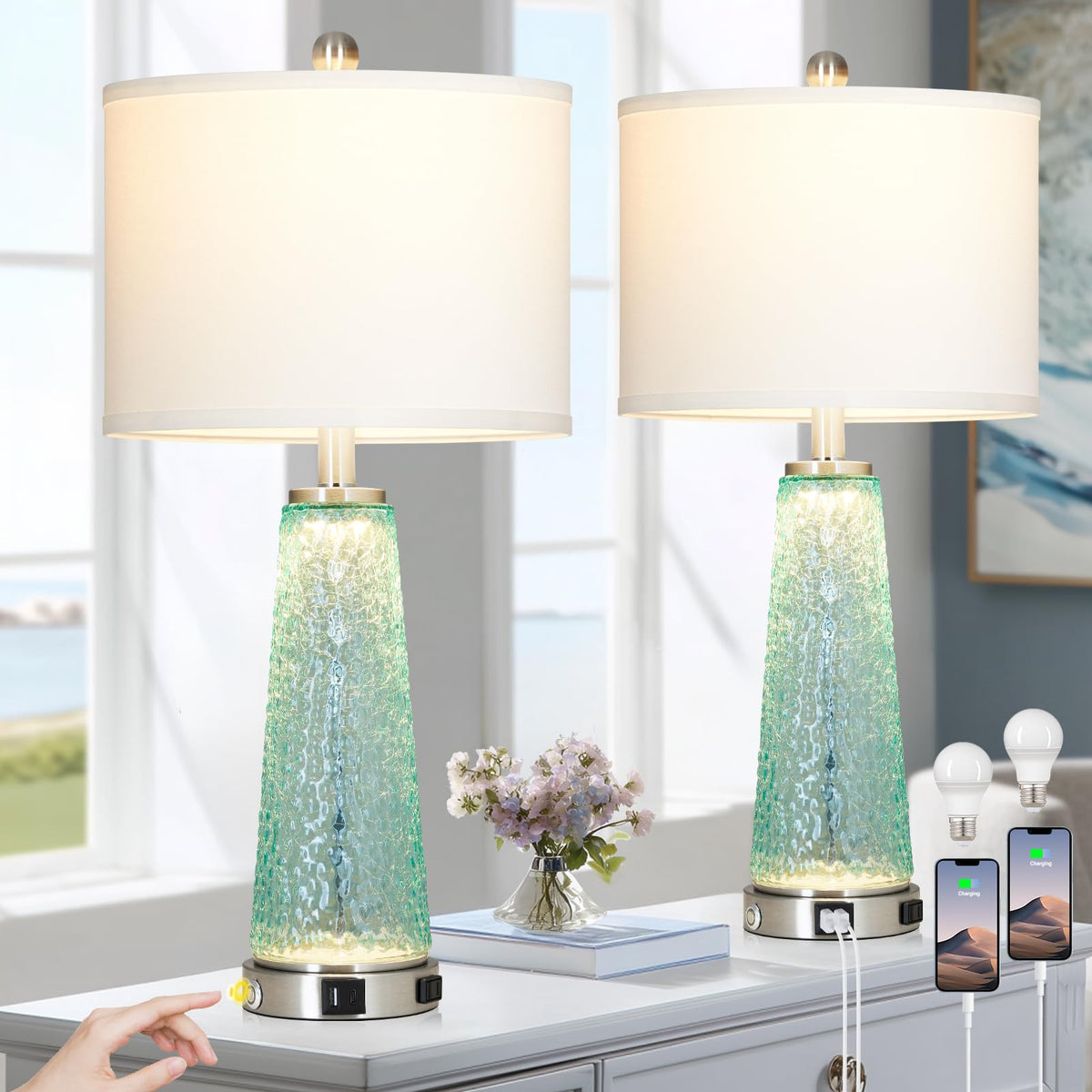 26" Glass Table Lamps with USB A+C Ports & Outlet R361