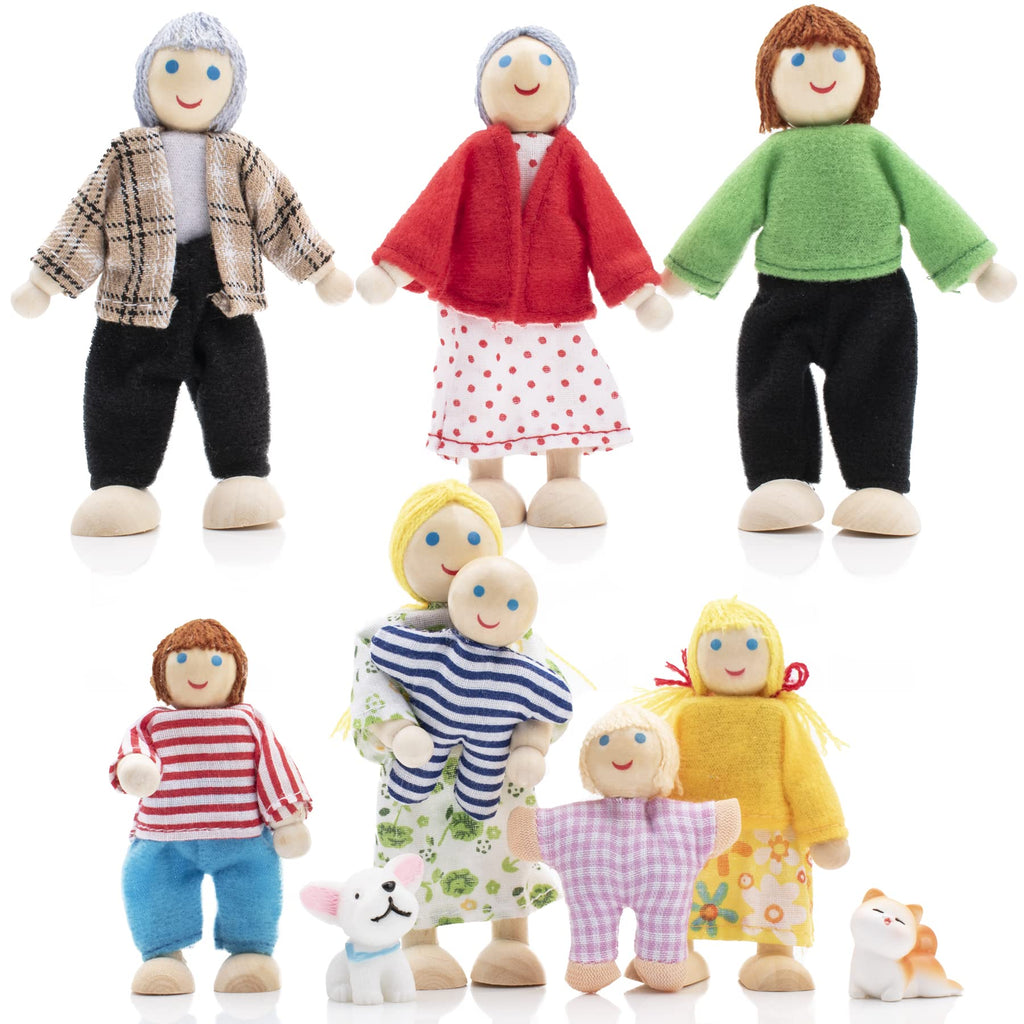 Wooden Dollhouse Dolls Family Set of 8 Miniature Figures and 2 Pets Q229595