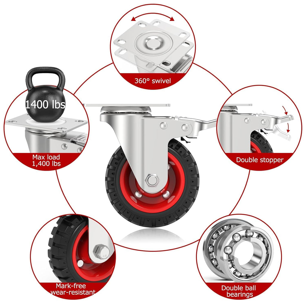 5 Inch Heavy Duty Casters Set of 4 Dual Locking Rubber Swivel Plate E155692