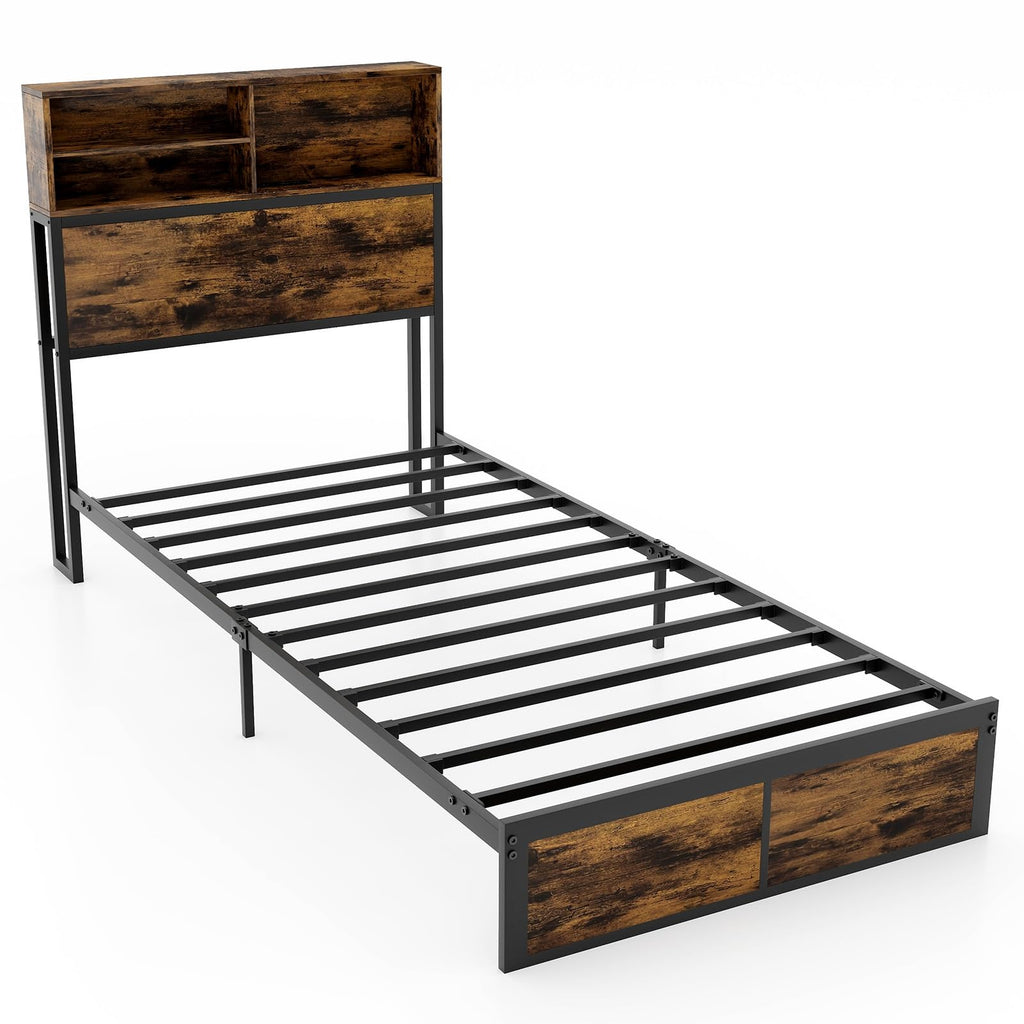 Twin Metal Platform Bed Frame with Storage Headboard R2948