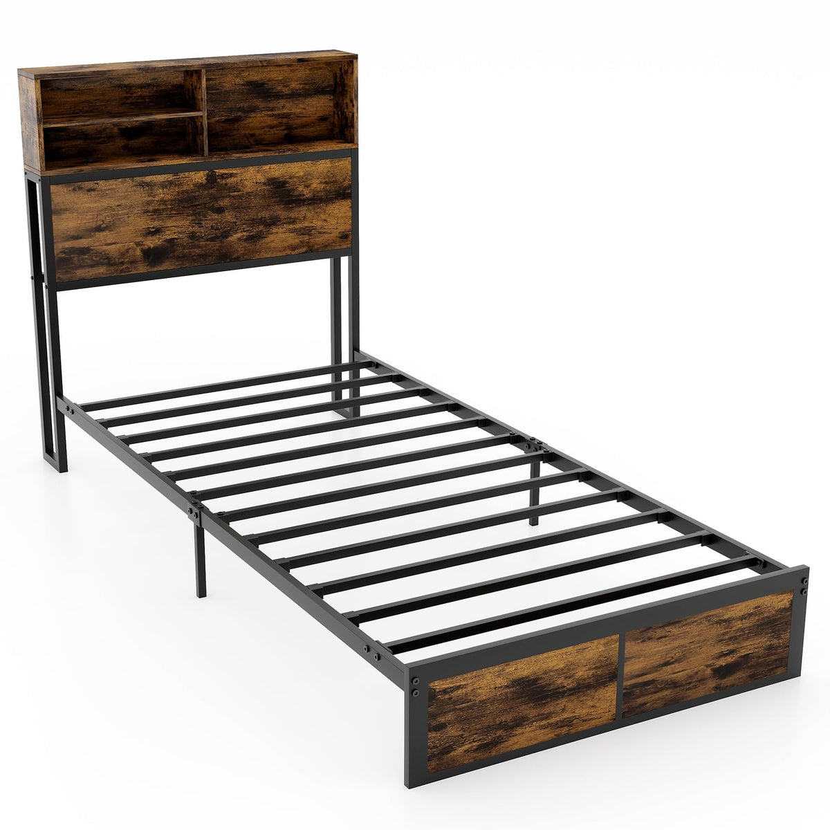Twin Metal Platform Bed Frame with Storage Headboard R2948