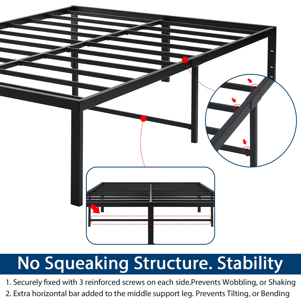 Queen Size Black Metal Bed Frame with Steel Slats Z13206