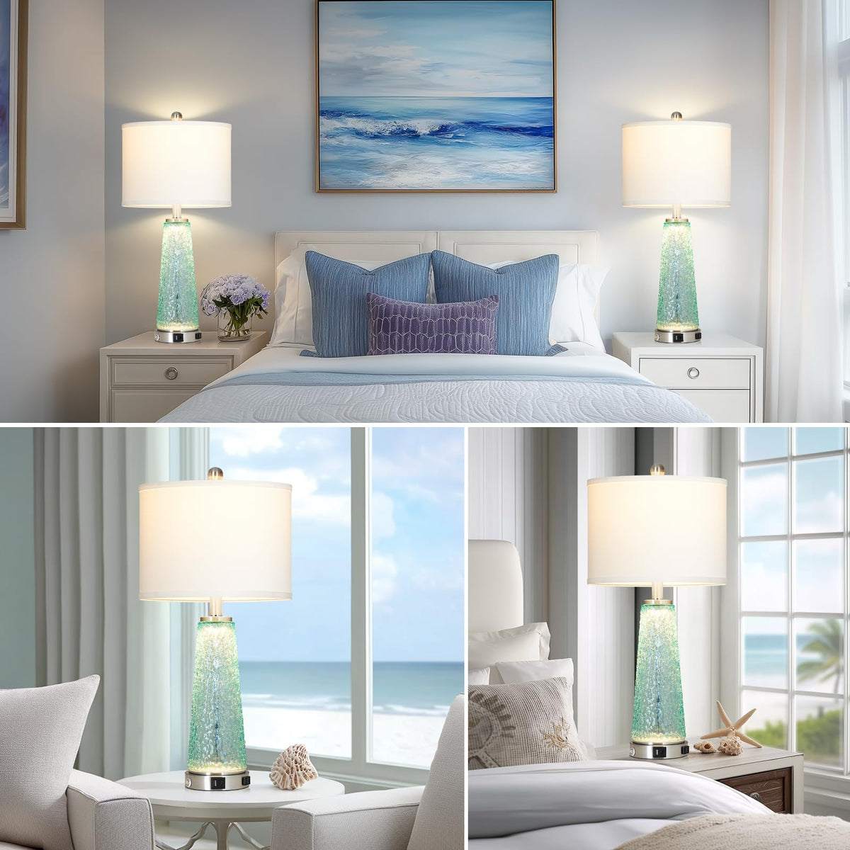26" Glass Table Lamps with USB A+C Ports & Outlet R361