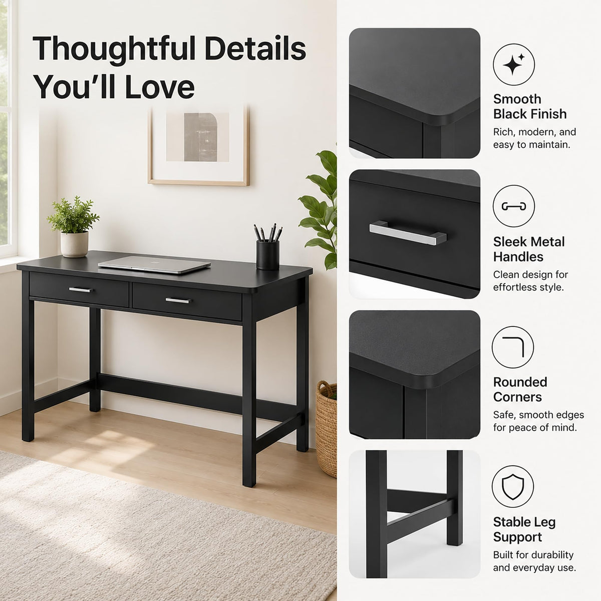 39.4" Small Desk with Wood Drawers Black K960108