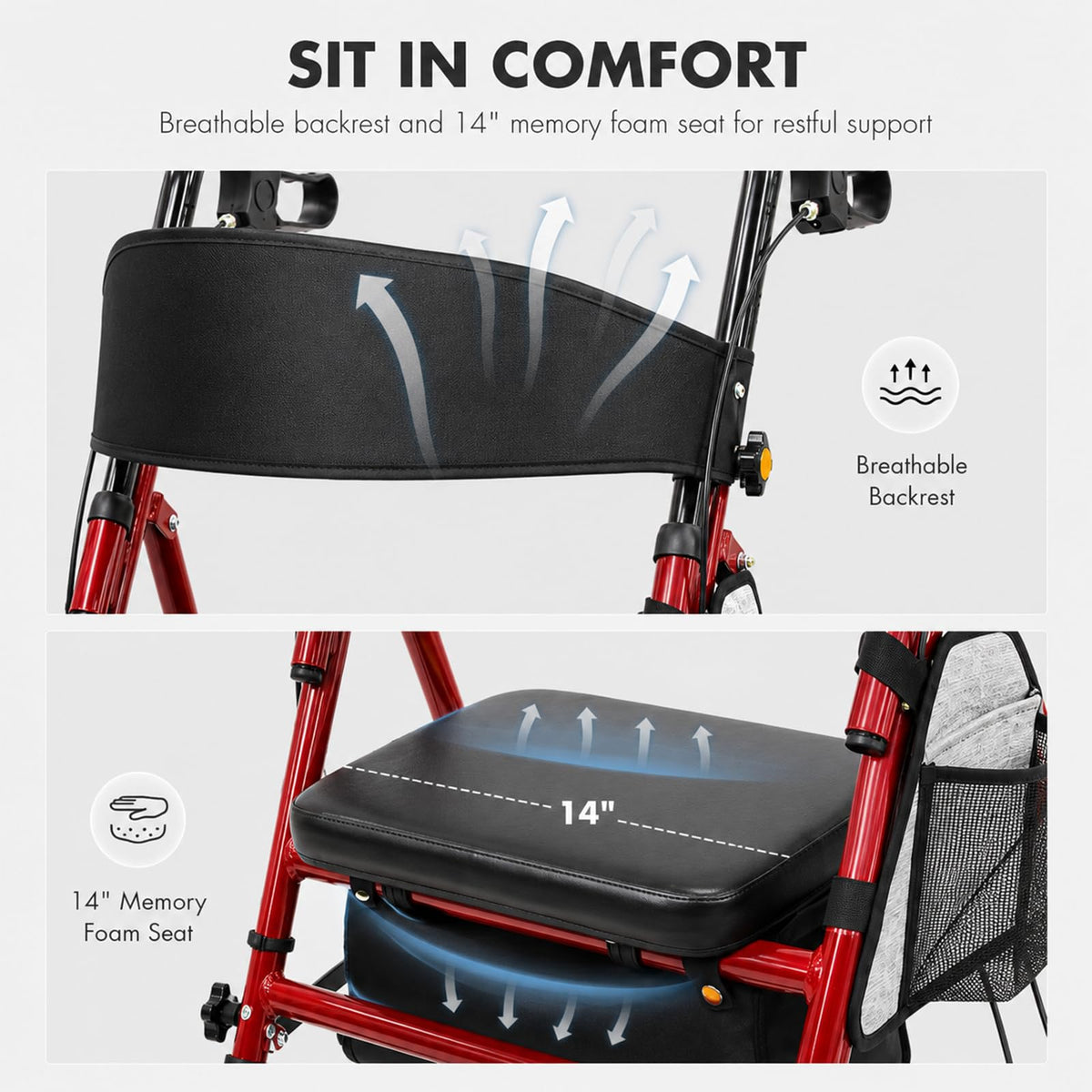 Foldable Rollator Walker with Seat, 300 Lb Capacity, Red N644