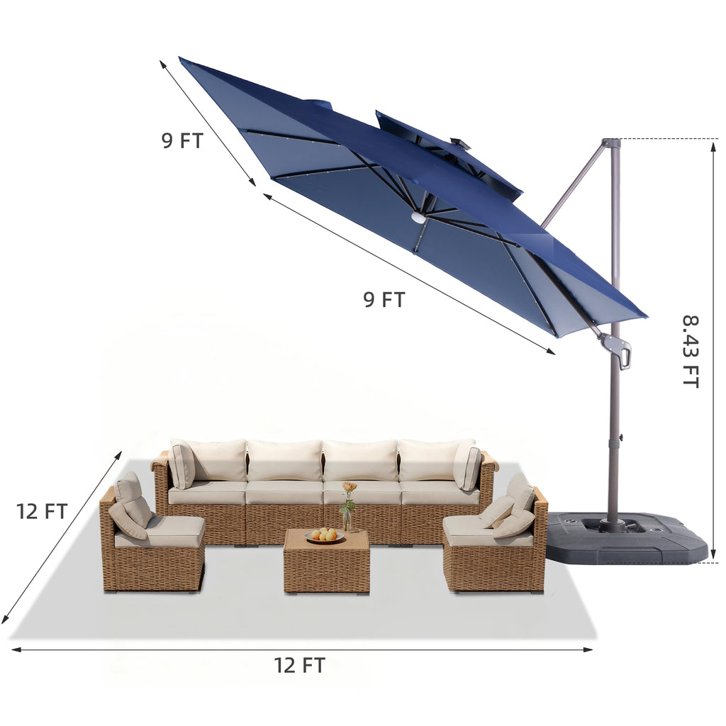 9x9 FT Cantilever Offset Patio Umbrella with Lights & Base F3332