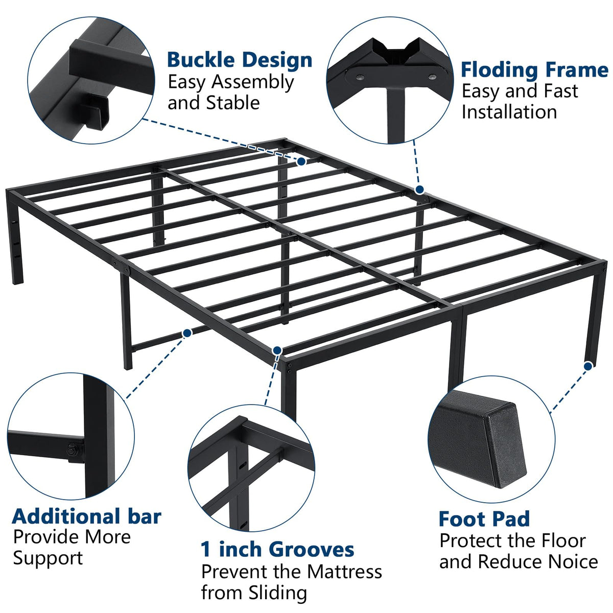 Queen Size Black Metal Bed Frame with Steel Slats Z13206