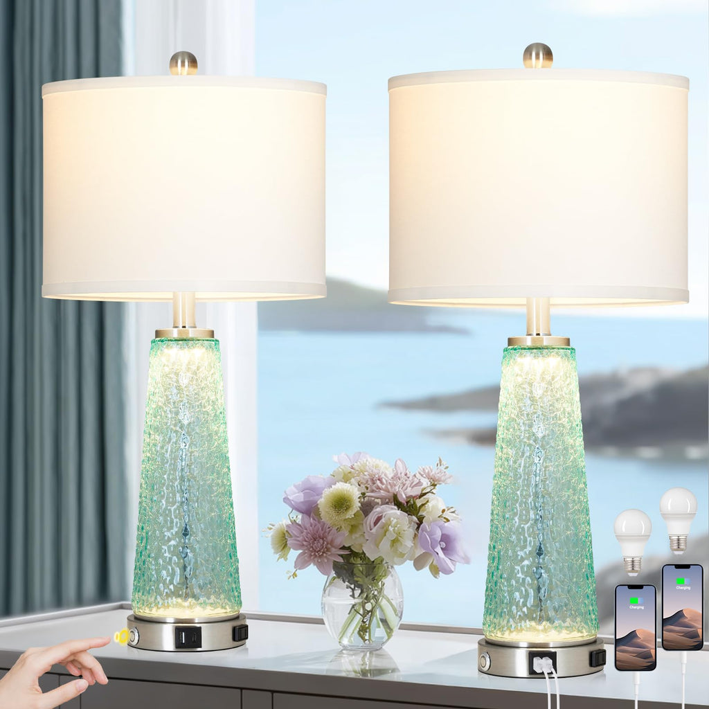 26" Glass Table Lamps with USB A+C Ports & Outlet R361