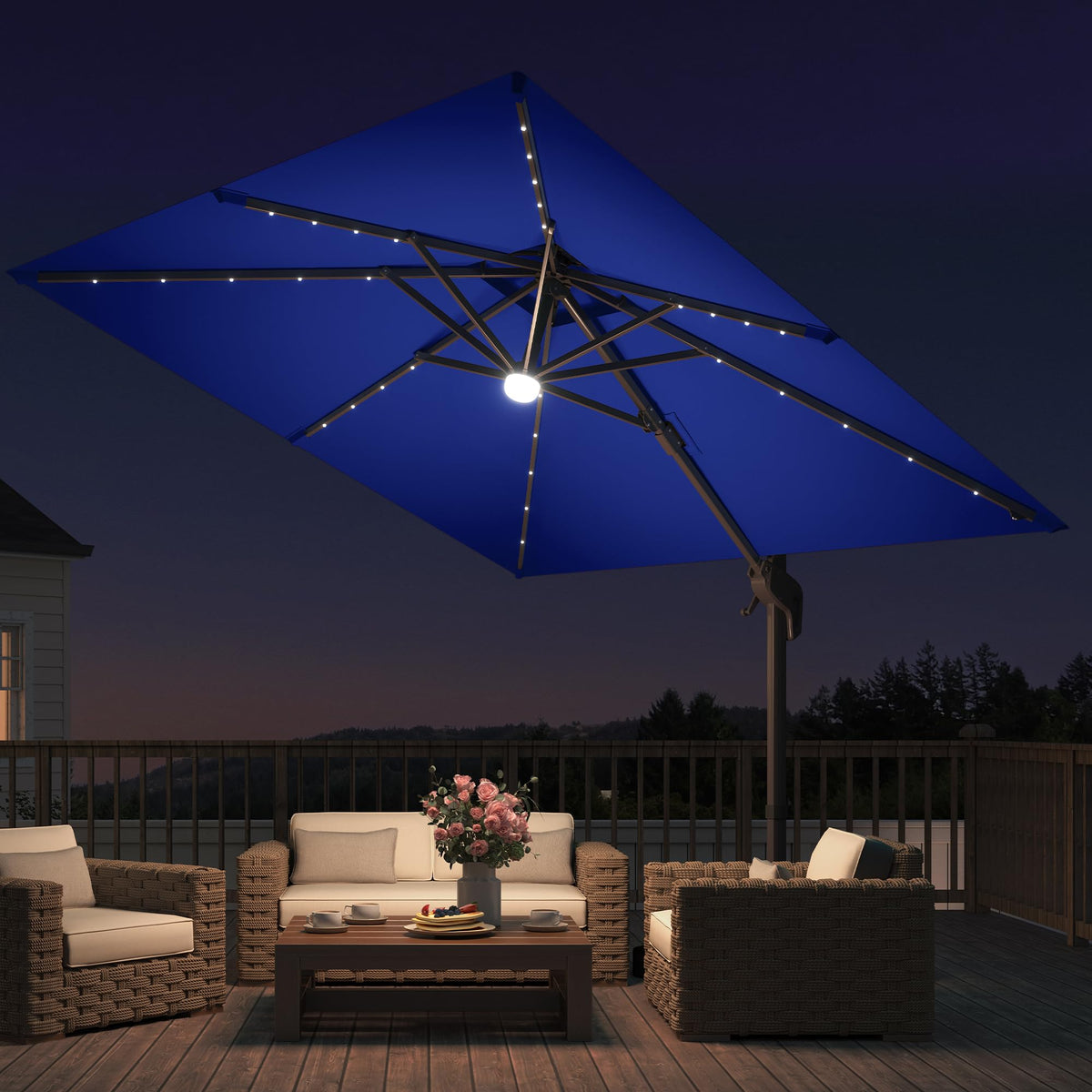 9x9 FT Cantilever Offset Patio Umbrella with Lights & Base F3332