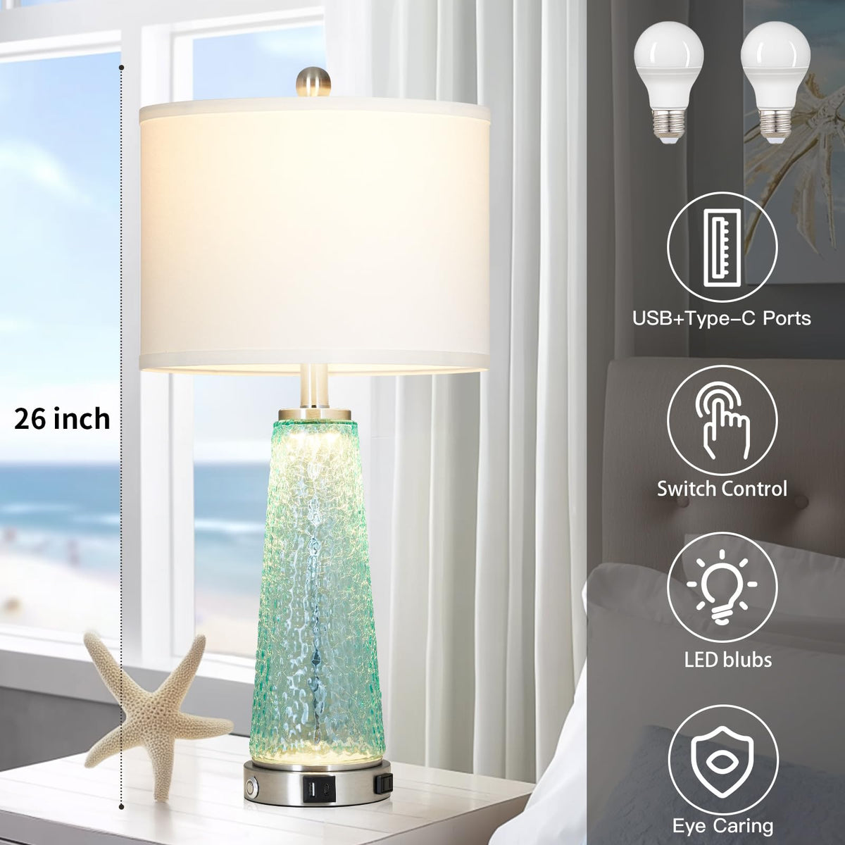 26" Glass Table Lamps with USB A+C Ports & Outlet R361