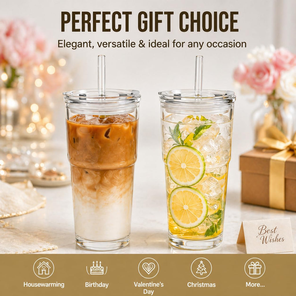 20oz Clear Glass Tumbler with Lid and Straws, Set of 2 D9872