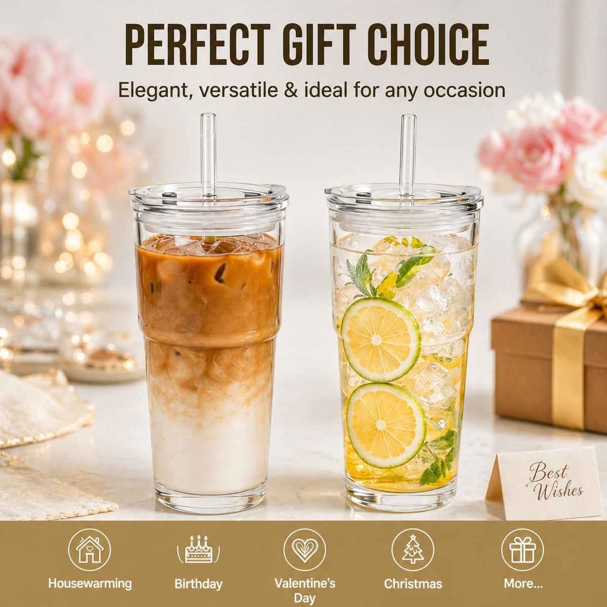 20oz Clear Glass Tumbler with Lid and Straws, Set of 2 D9872