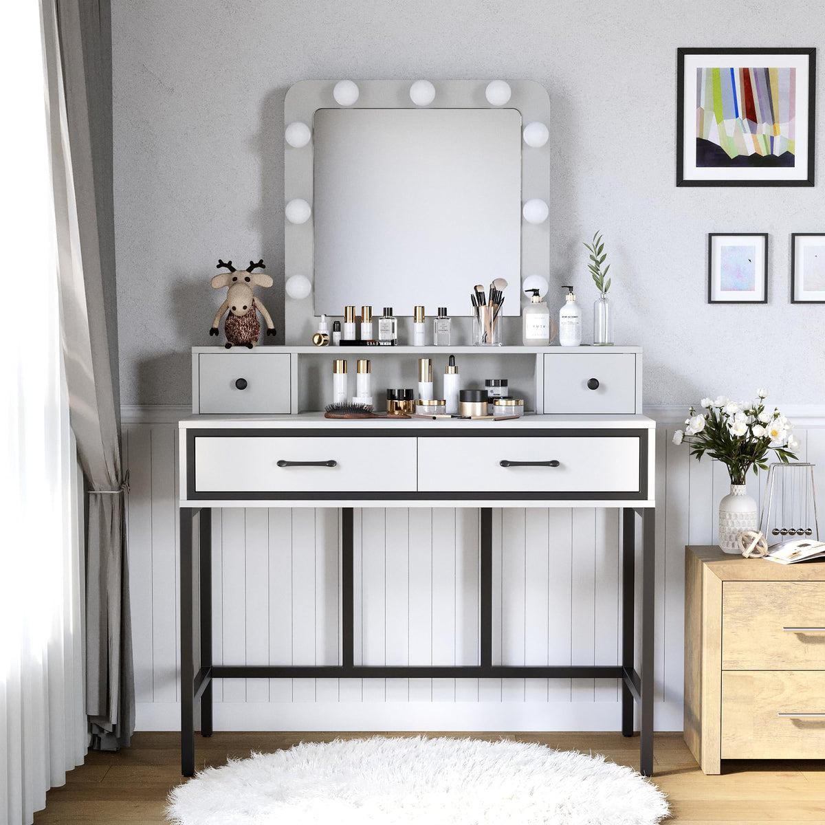 White Vanity Desk with Lighted Mirror and 4 Drawers U935369