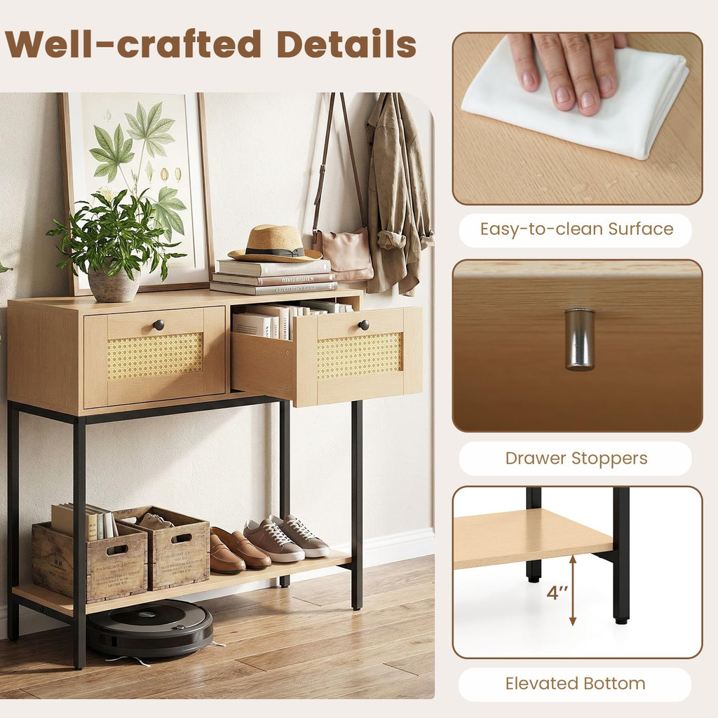 Oak Rattan Console Table with 2 Drawers H82284