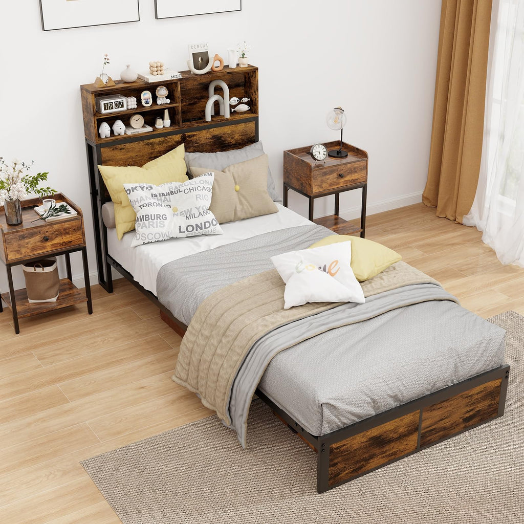Twin Metal Platform Bed Frame with Storage Headboard R2948