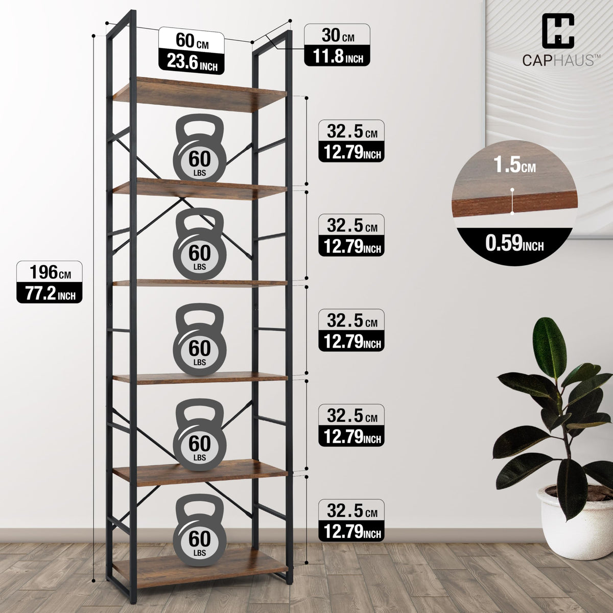6 Tier 24 Inch Rustic Oak Bookshelf A178