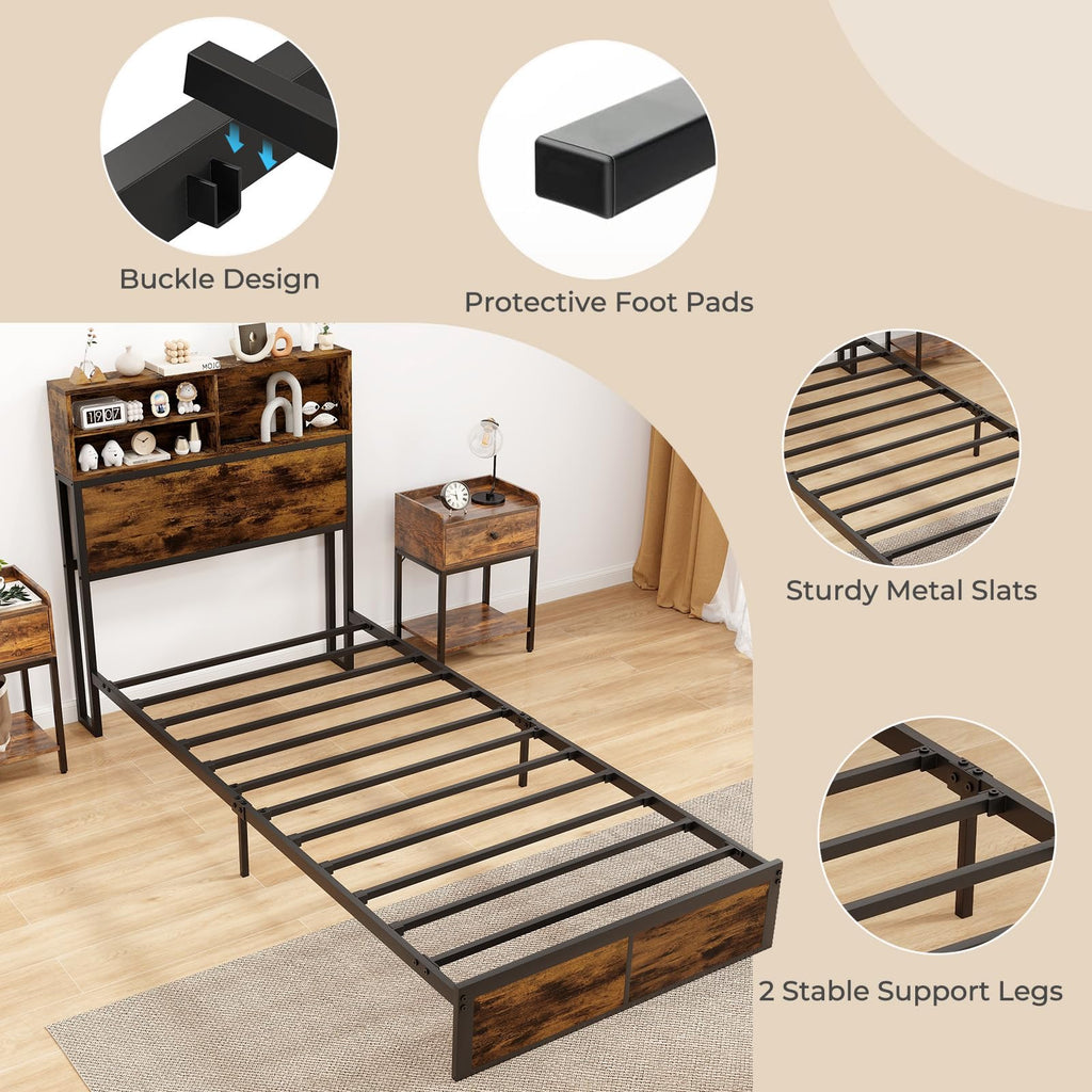 Twin Metal Platform Bed Frame with Storage Headboard R2948