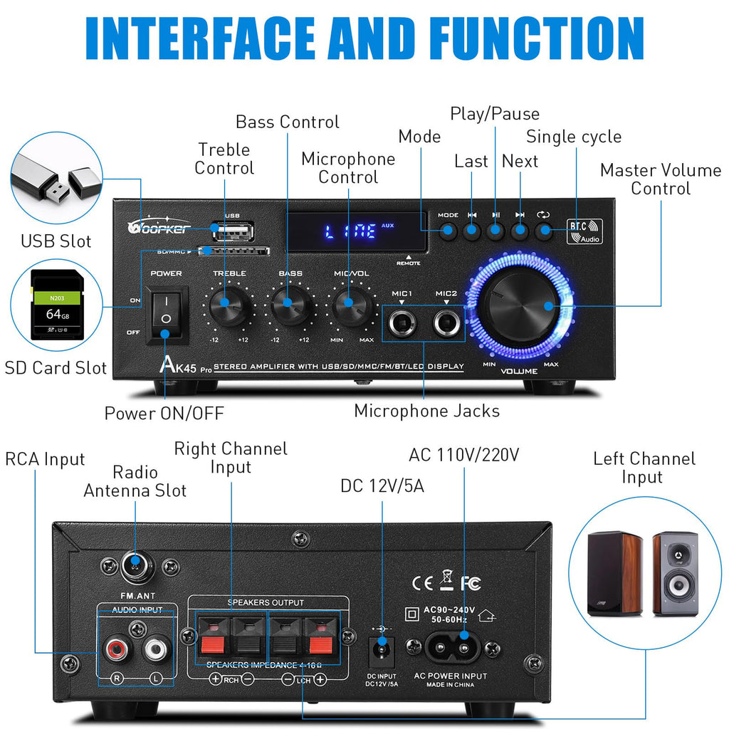 400W 2 Channel Bluetooth 5.0 Stereo Audio Amplifier K598