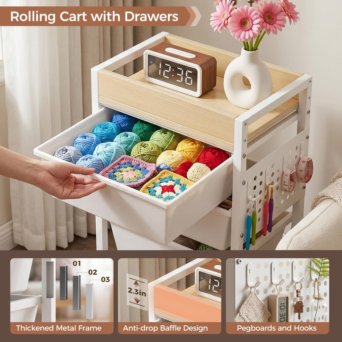 5 Tier Rolling Cart with Drawers, White R1256