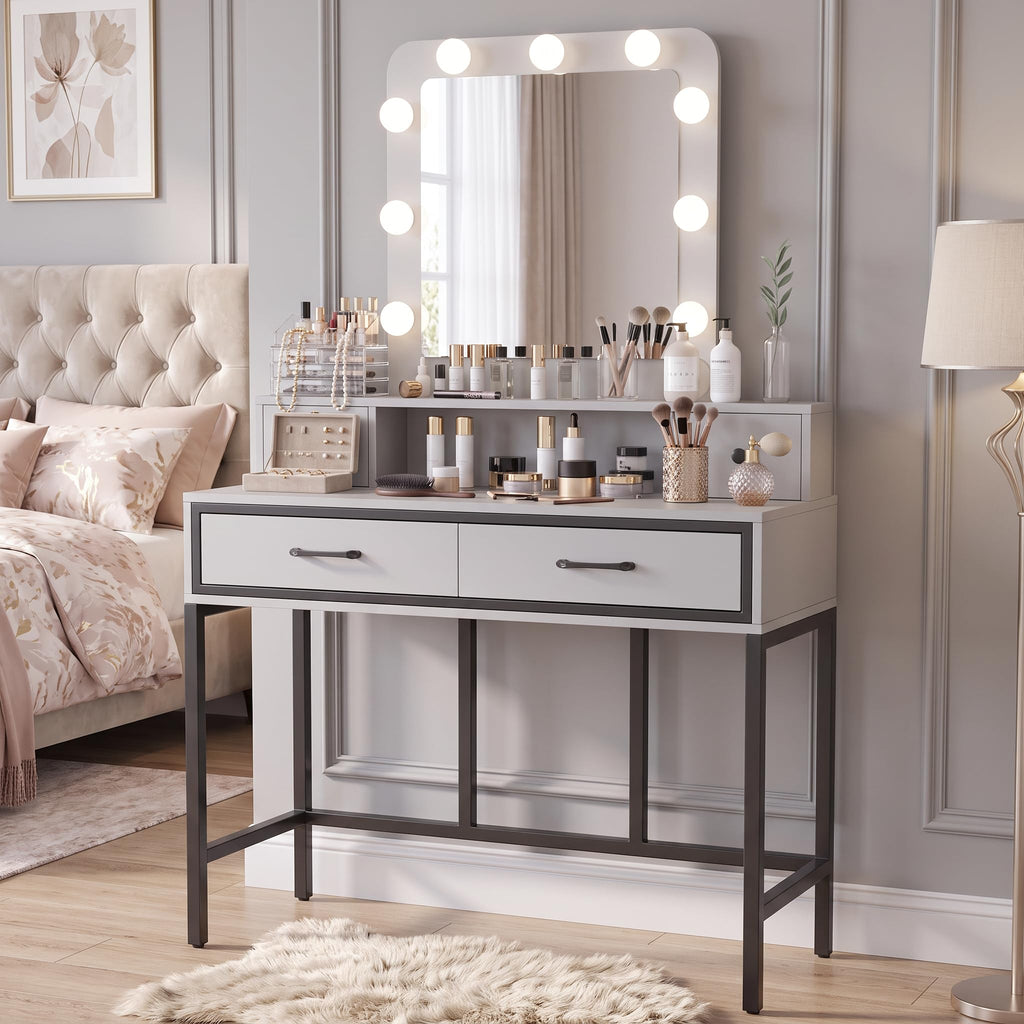 White Vanity Desk with Lighted Mirror and 4 Drawers U935369