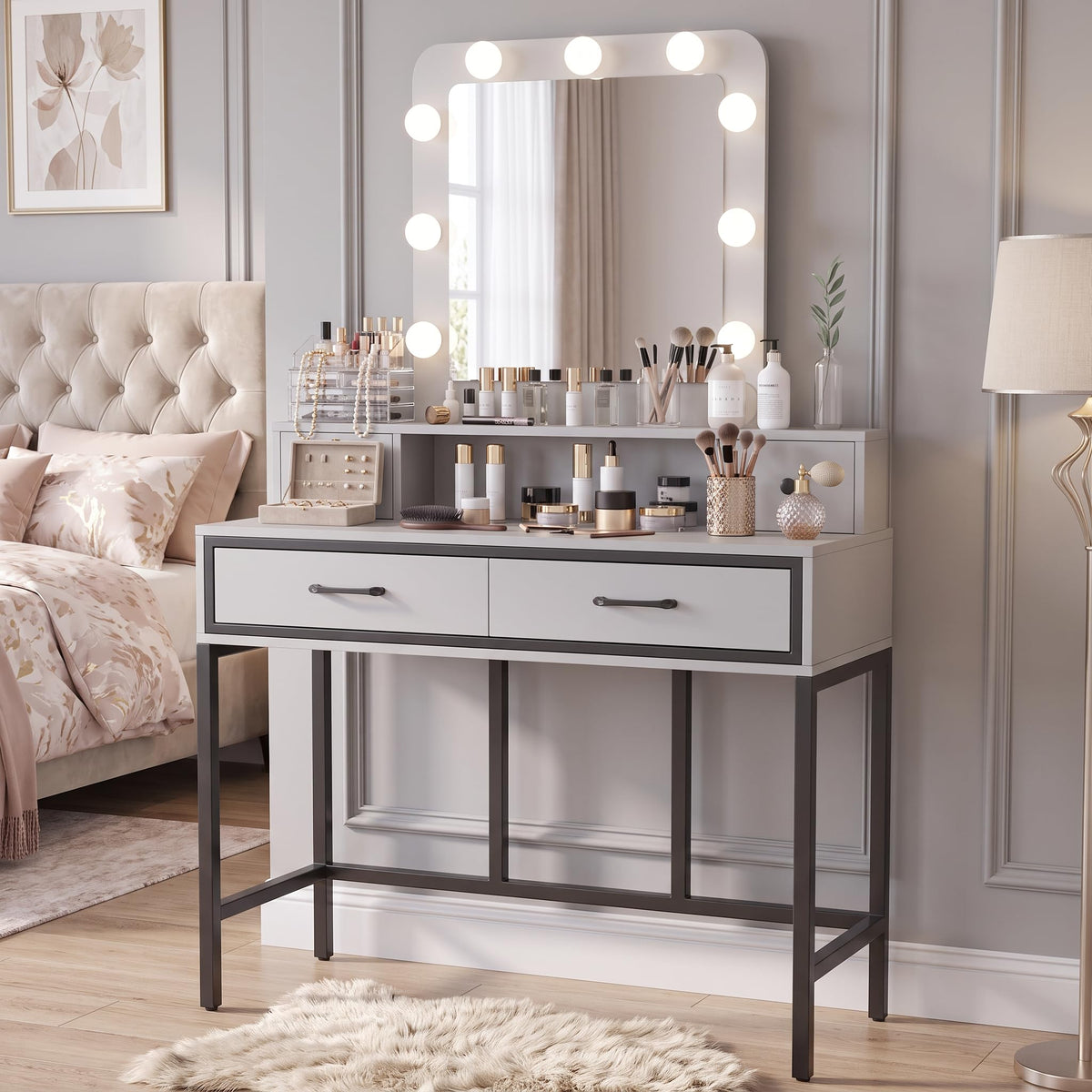 White Vanity Desk with Lighted Mirror and 4 Drawers U935369