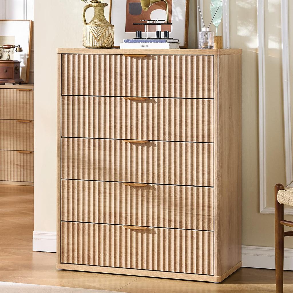 Fluted 5 Drawers Natural Wood Dresser B27778
