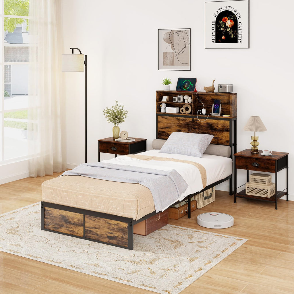 Twin Metal Platform Bed Frame with Storage Headboard R2948