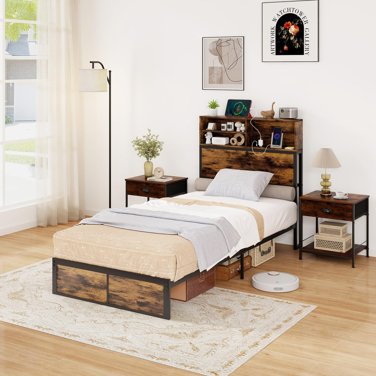 Twin Metal Platform Bed Frame with Storage Headboard R2948