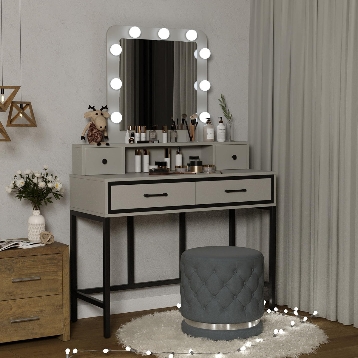 White Vanity Desk with Lighted Mirror and 4 Drawers U935369