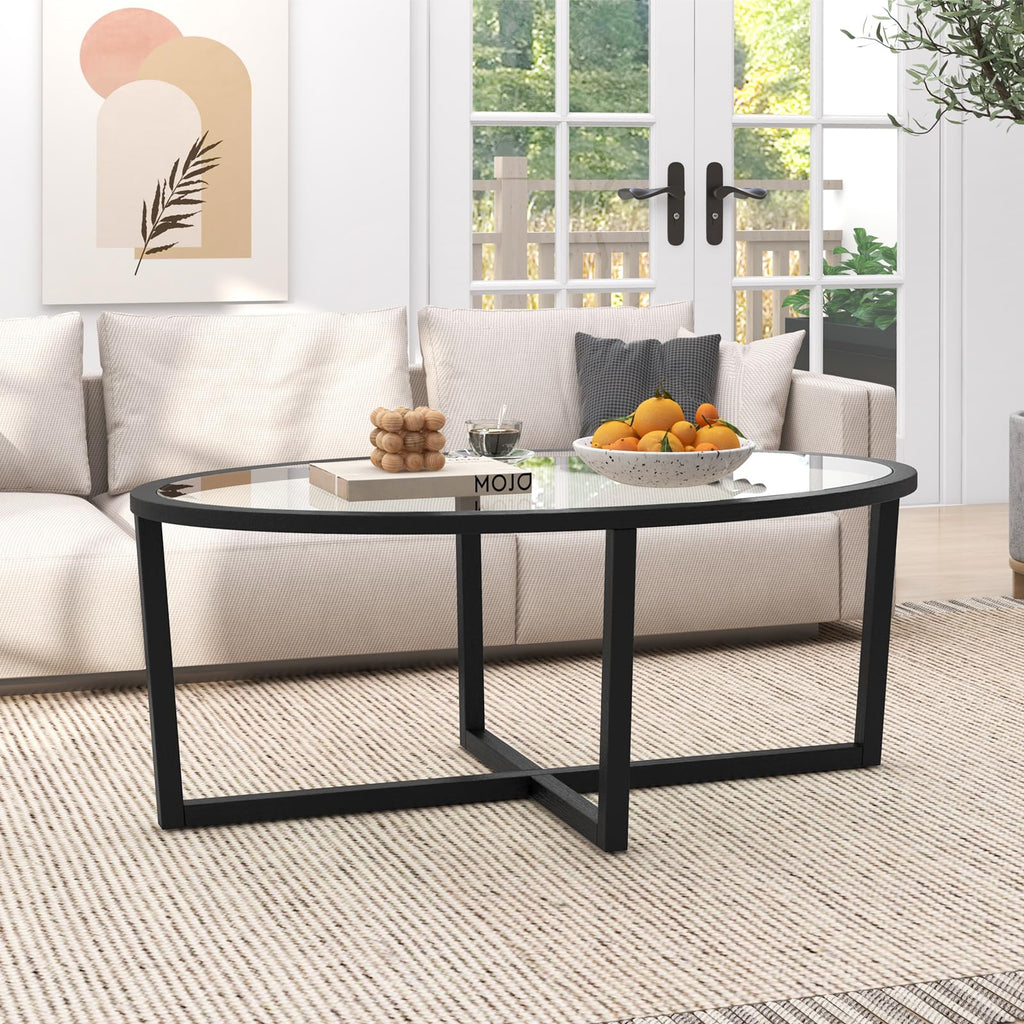 Black Oval Glass Coffee Table with Acacia Wood Legs O249