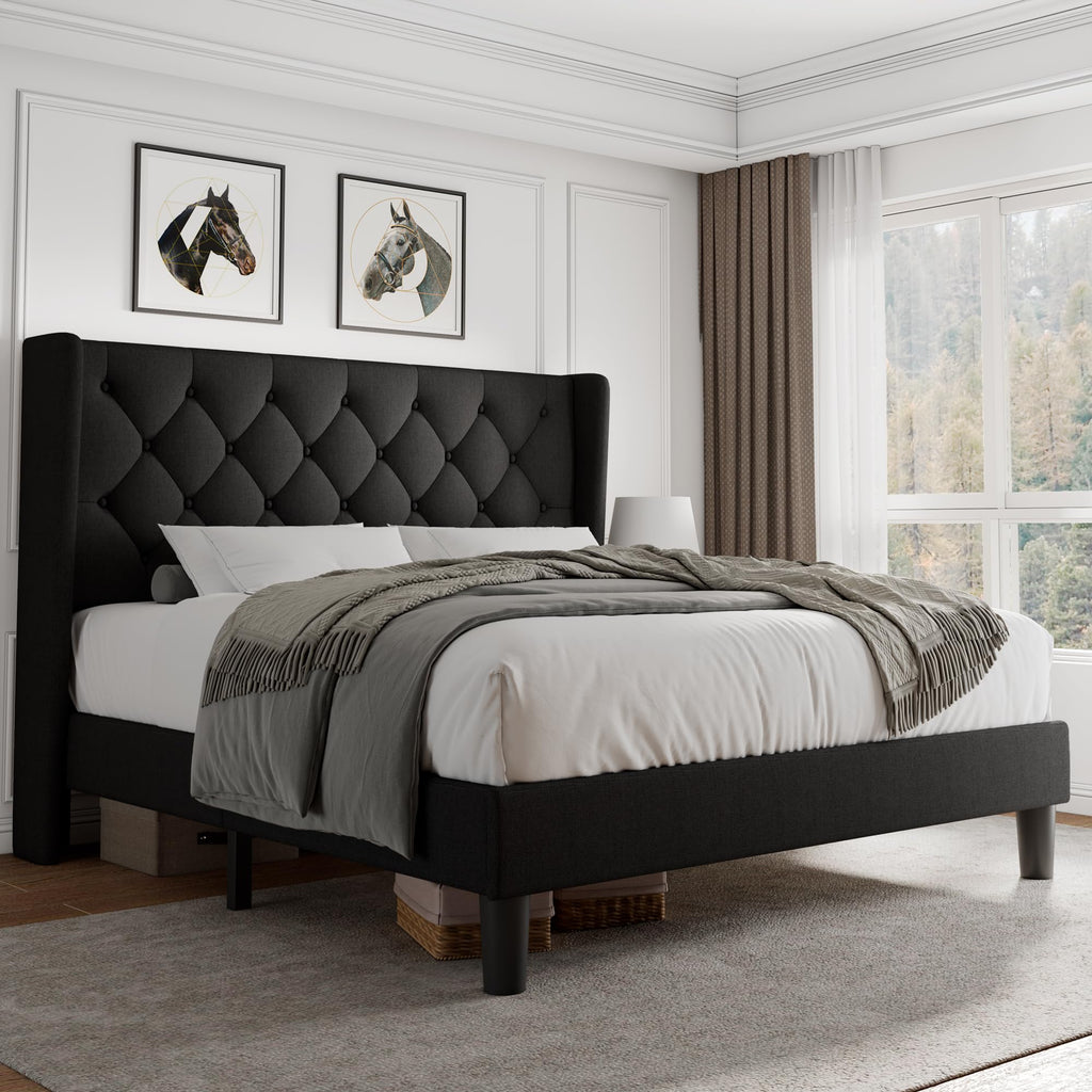 Queen Size Upholstered Platform Bed Frame with Tufted Headboard V6981