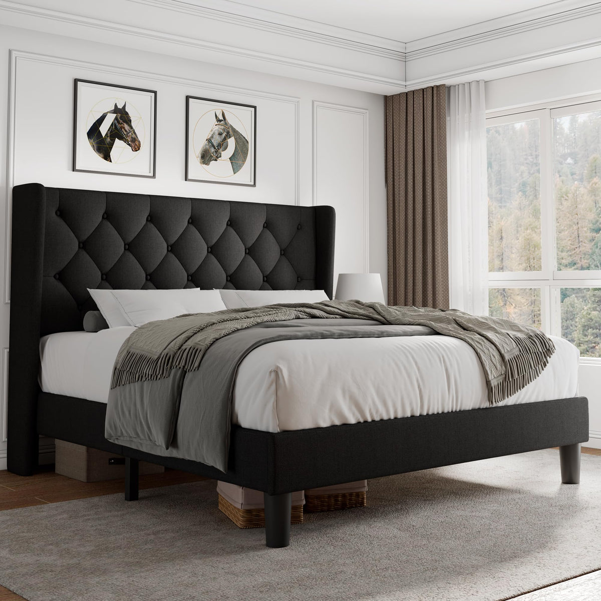 Queen Size Upholstered Platform Bed Frame with Tufted Headboard V6981