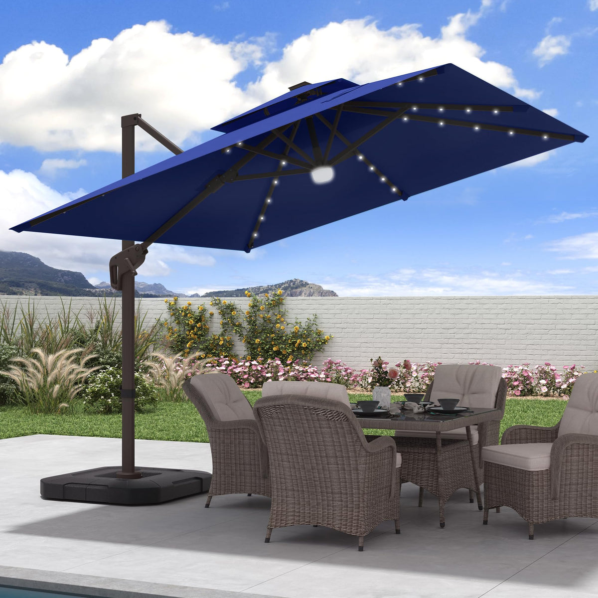 9x9 FT Cantilever Offset Patio Umbrella with Lights & Base F3332
