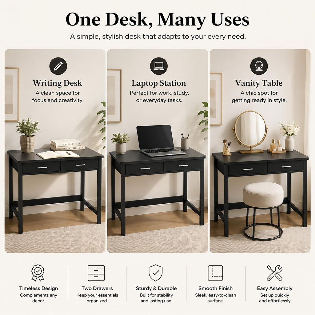39.4" Small Desk with Wood Drawers Black K960108