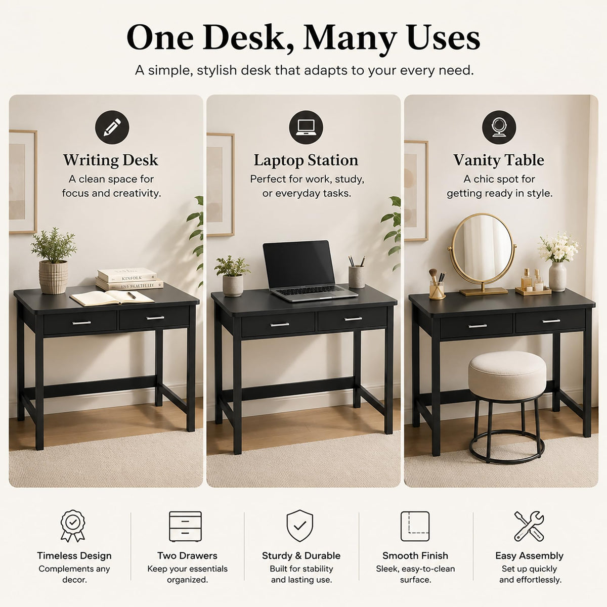 39.4" Small Desk with Wood Drawers Black K960108