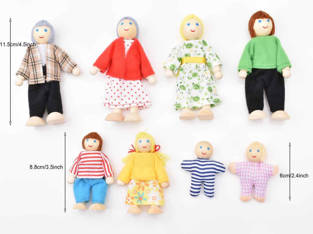 Wooden Dollhouse Dolls Family Set of 8 Miniature Figures and 2 Pets Q229595