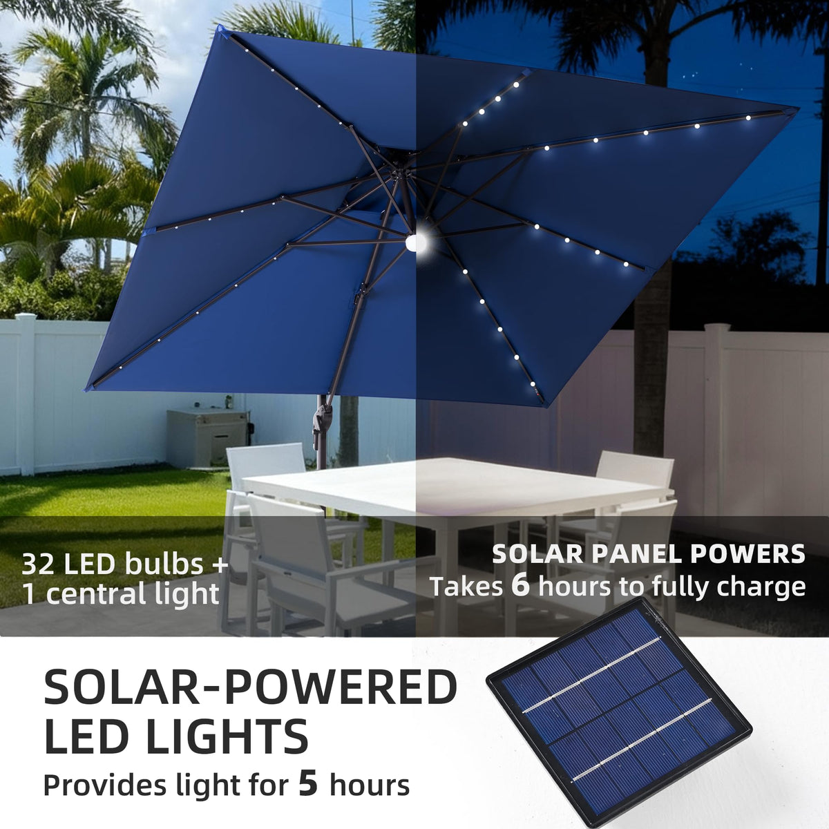 9x9 FT Cantilever Offset Patio Umbrella with Lights & Base F3332