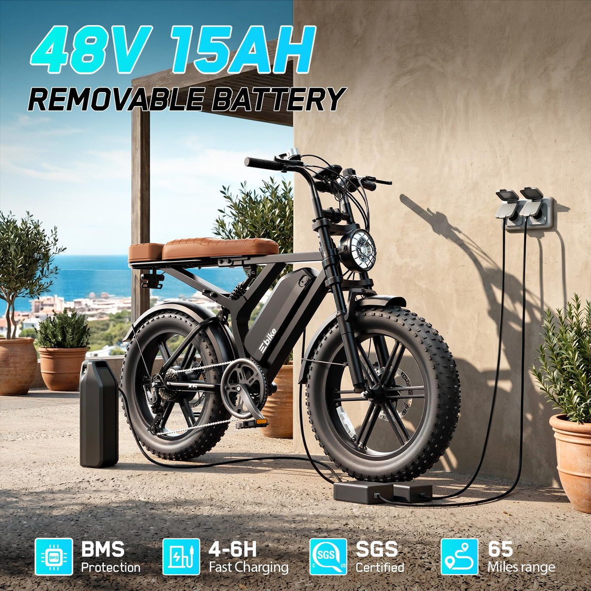 Electric Bike 48V 15 Ah Battery 2000W Peak Motor 28MPH I801