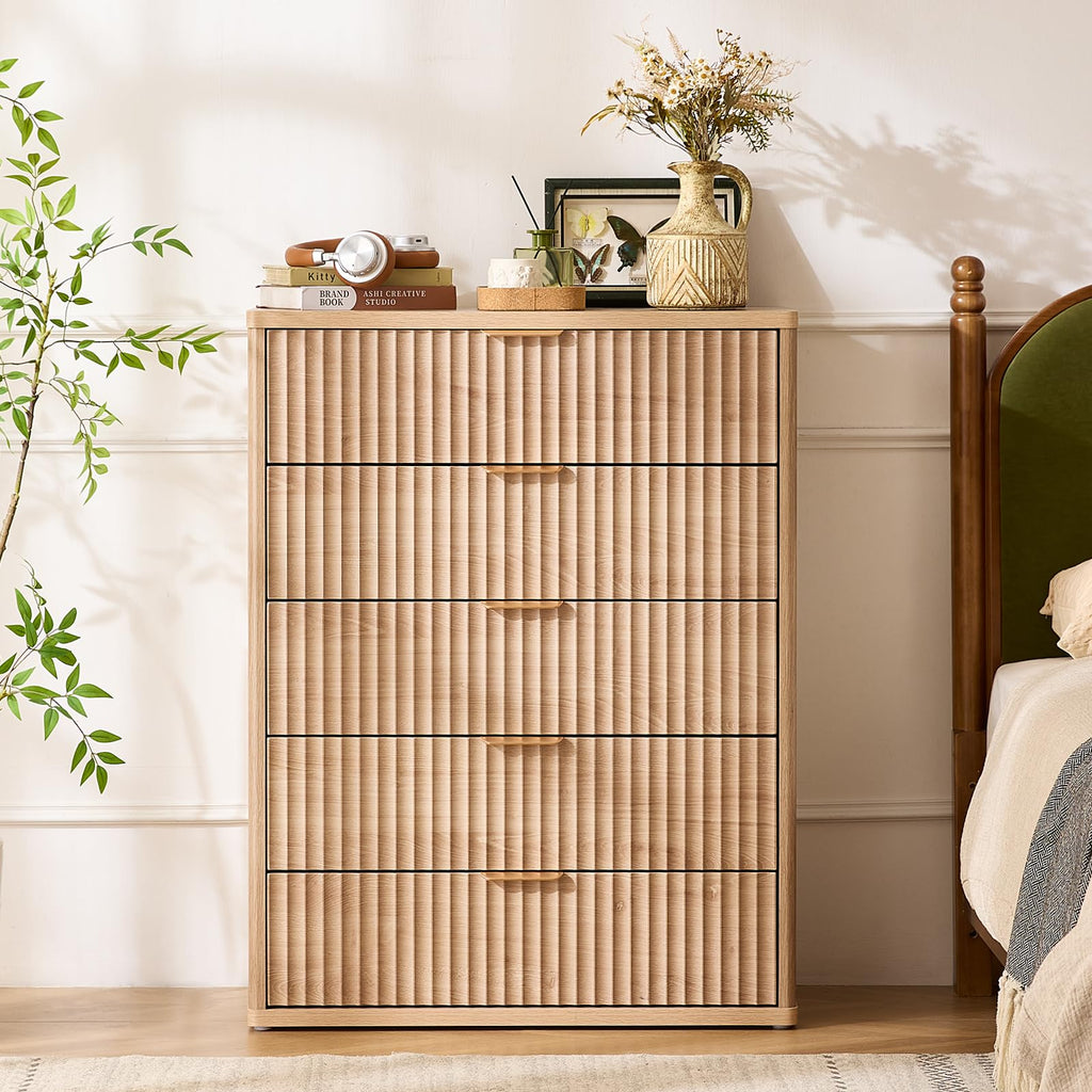 Fluted 5 Drawers Natural Wood Dresser B27778