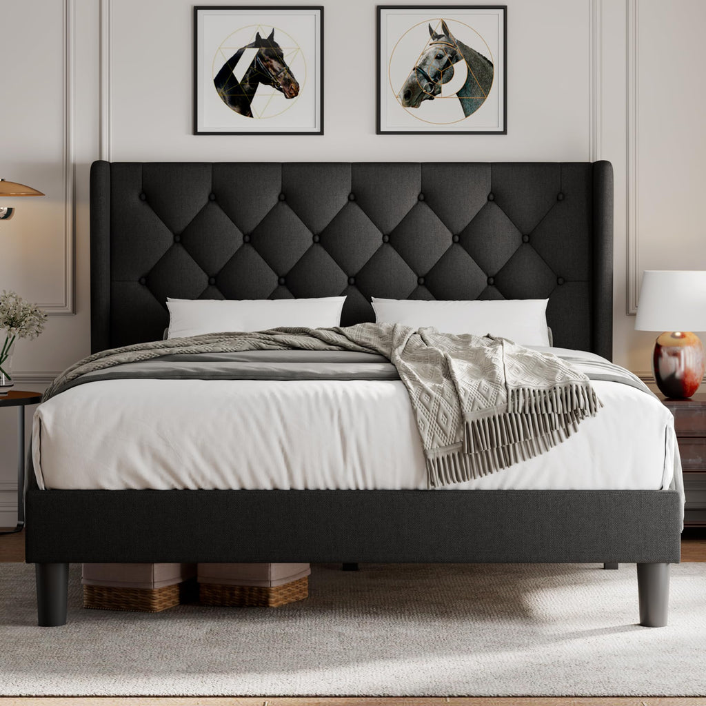 Queen Size Upholstered Platform Bed Frame with Tufted Headboard V6981