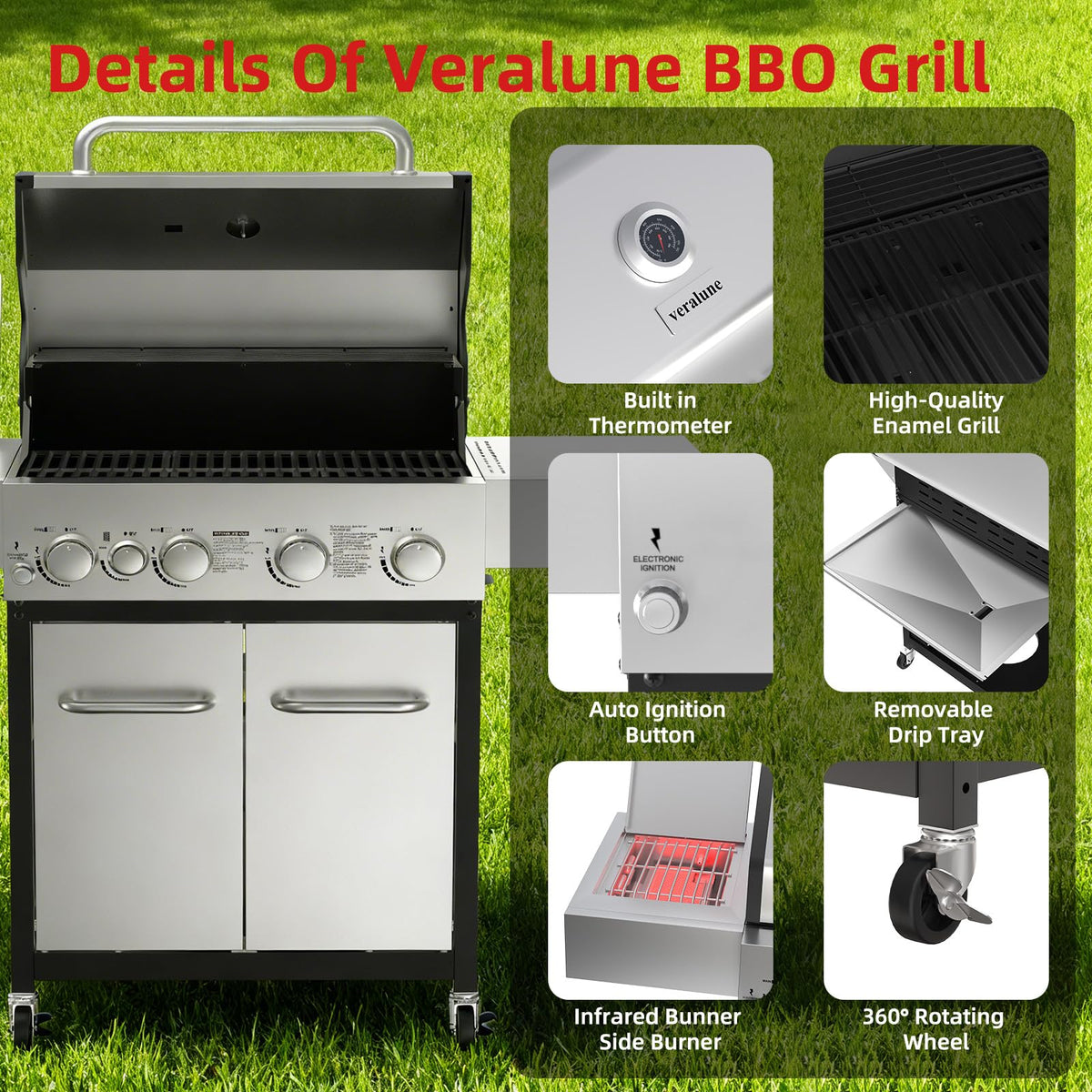 4 Burner Gas Grill with Side Burner and Wheels X958