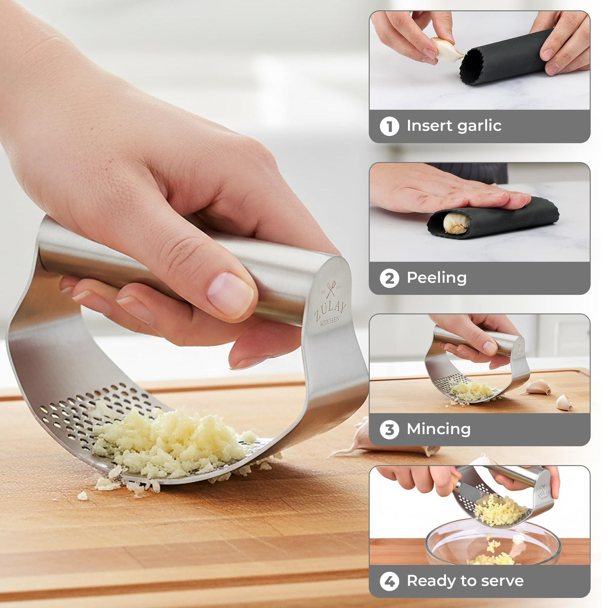 Stainless Steel Garlic Press Rocker Set with Peeler and Scraper X467