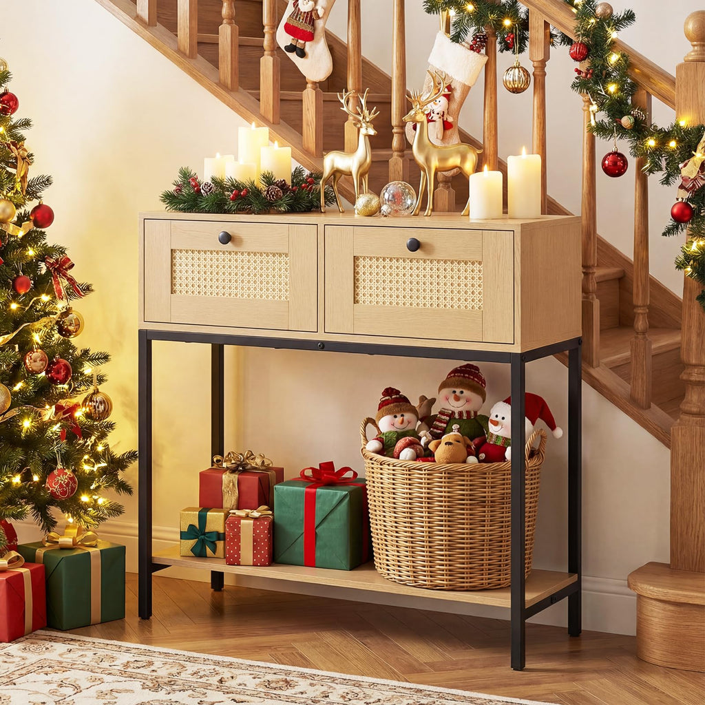 Oak Rattan Console Table with 2 Drawers H82284