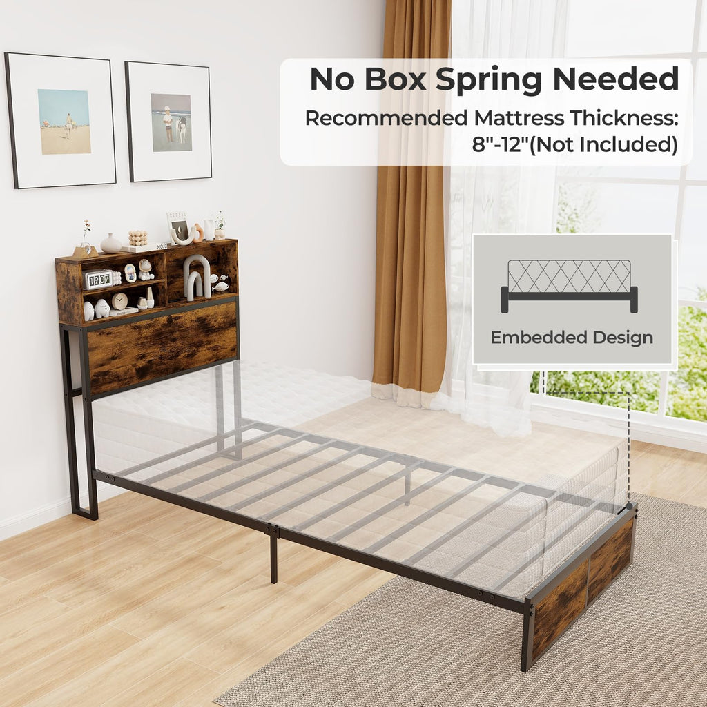 Twin Metal Platform Bed Frame with Storage Headboard R2948