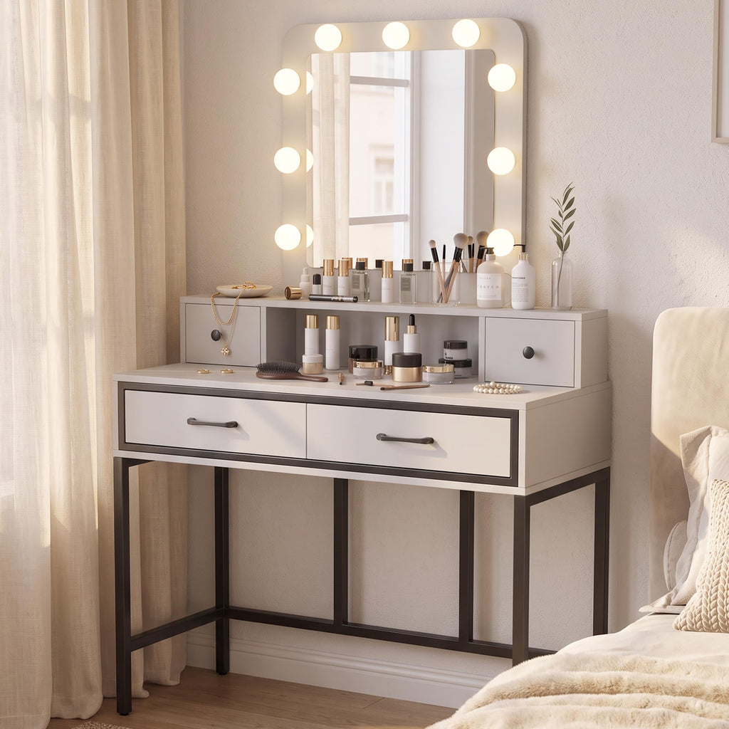 White Vanity Desk with Lighted Mirror and 4 Drawers U935369