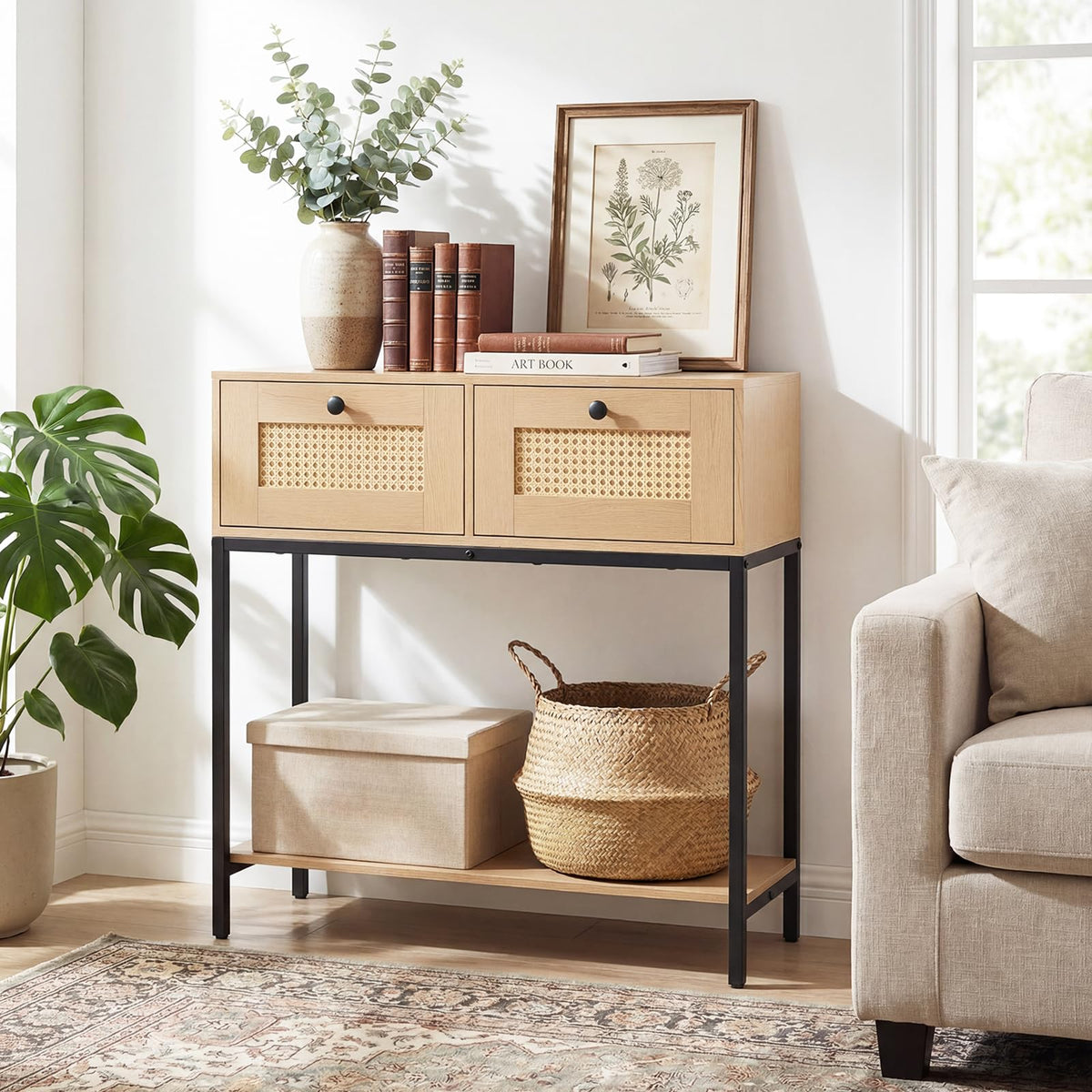 Oak Rattan Console Table with 2 Drawers H82284