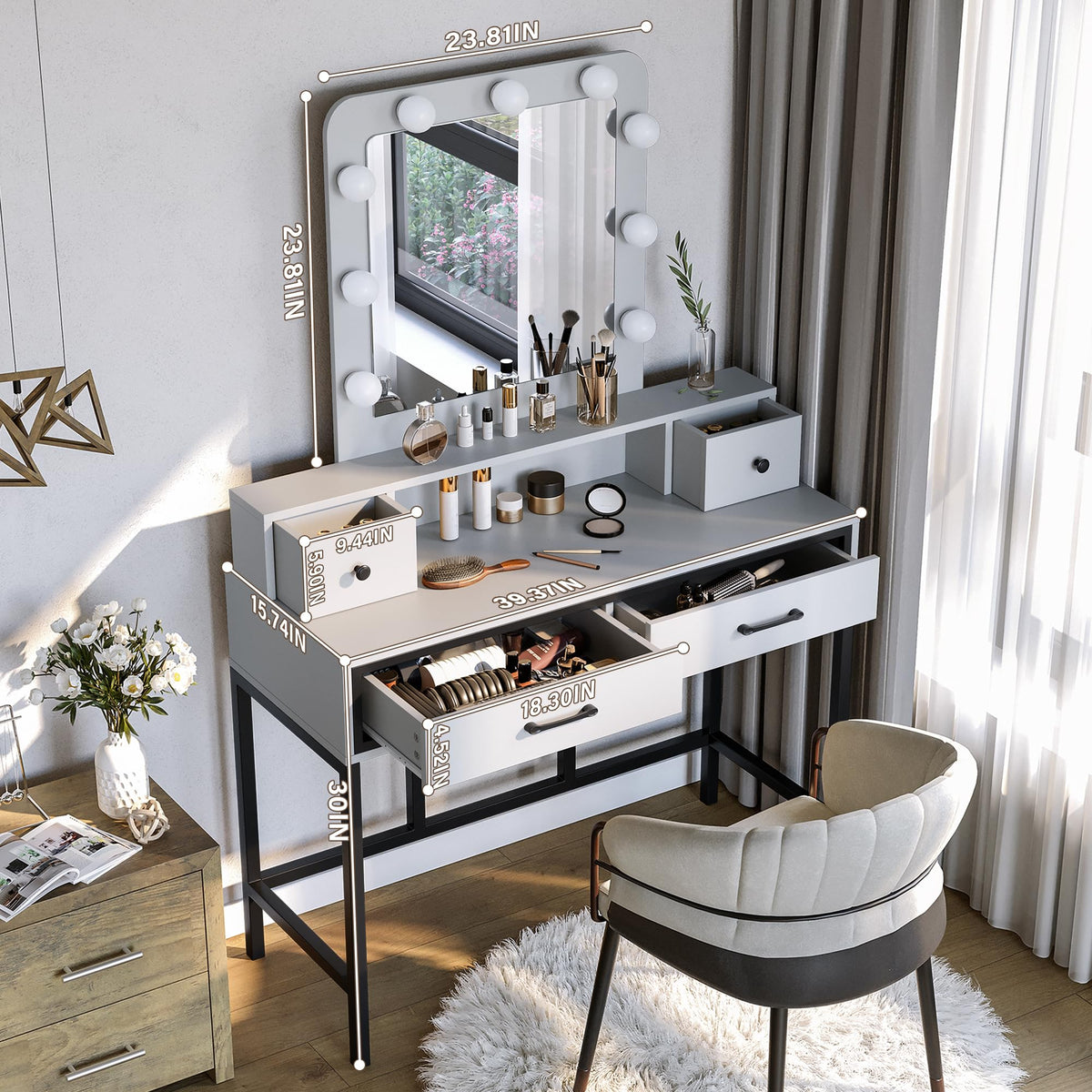 White Vanity Desk with Lighted Mirror and 4 Drawers U935369