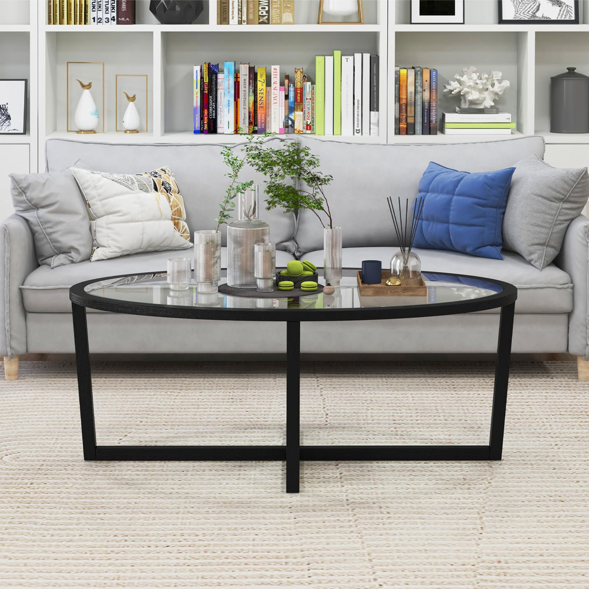 Black Oval Glass Coffee Table with Acacia Wood Legs O249
