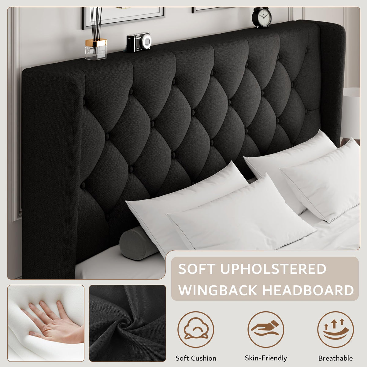 Queen Size Upholstered Platform Bed Frame with Tufted Headboard V6981